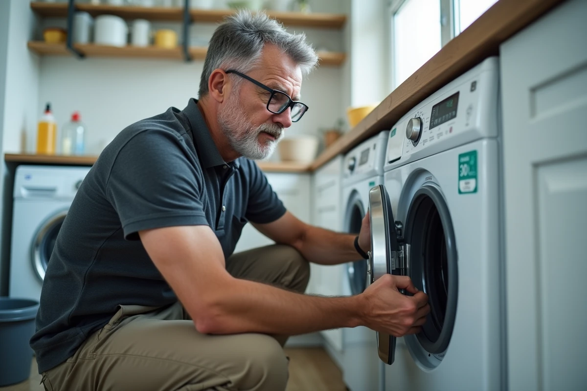 Homme lisant l'étiquette de consommation d'eau d'un lave-linge dans une buanderie, avec lave-vaisselle visible en arrière-plan, illustration des appareils électroménagers énergivores en eau