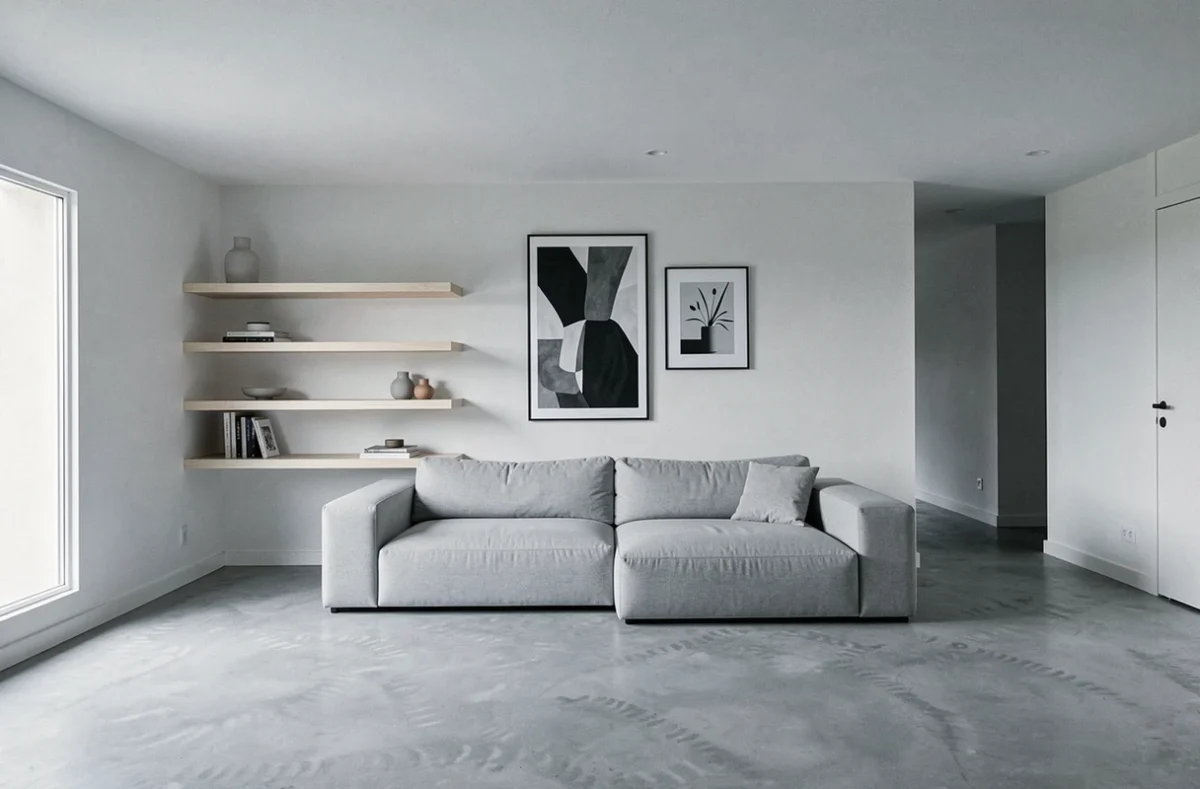 Intérieur minimaliste aux lignes épurées réalisé par Linecol Interior avec béton poli et étagères en chêne blanc
