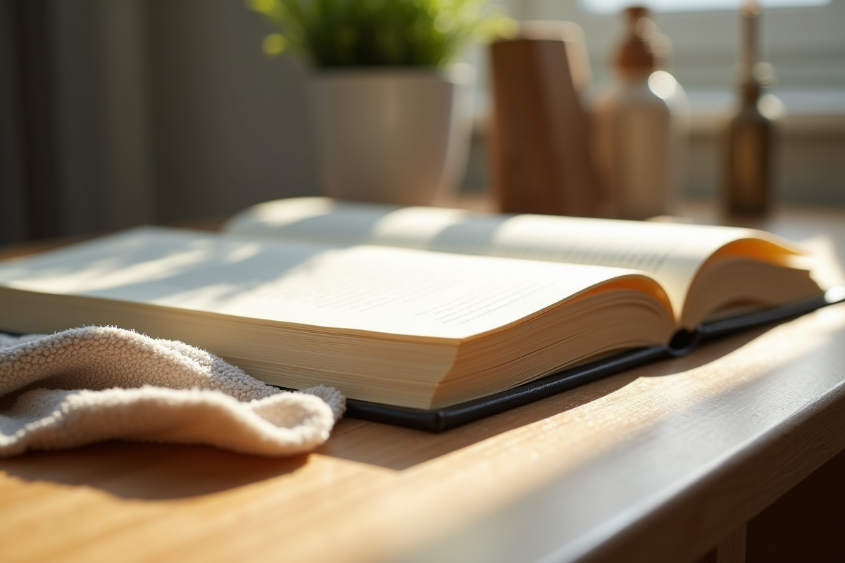 Livre ouvert sur un bureau avec chiffon et brosse à côté