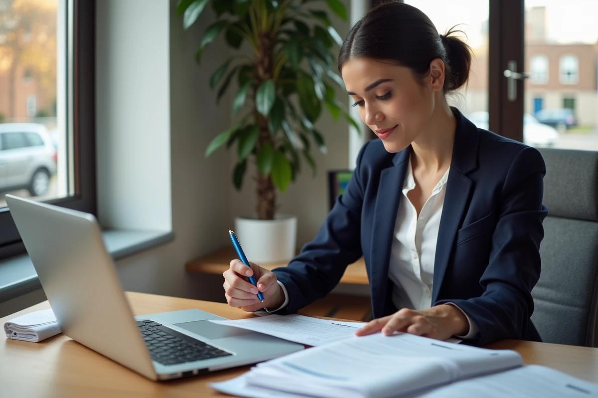 Locataire féminine étudiant un contrat de location et une police d'assurance pour un box de garage à son bureau à domicile