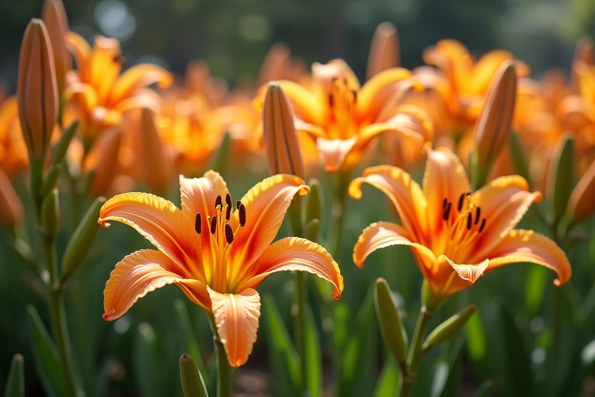 Lys en fleurs dans un jardin avec pétales tombants