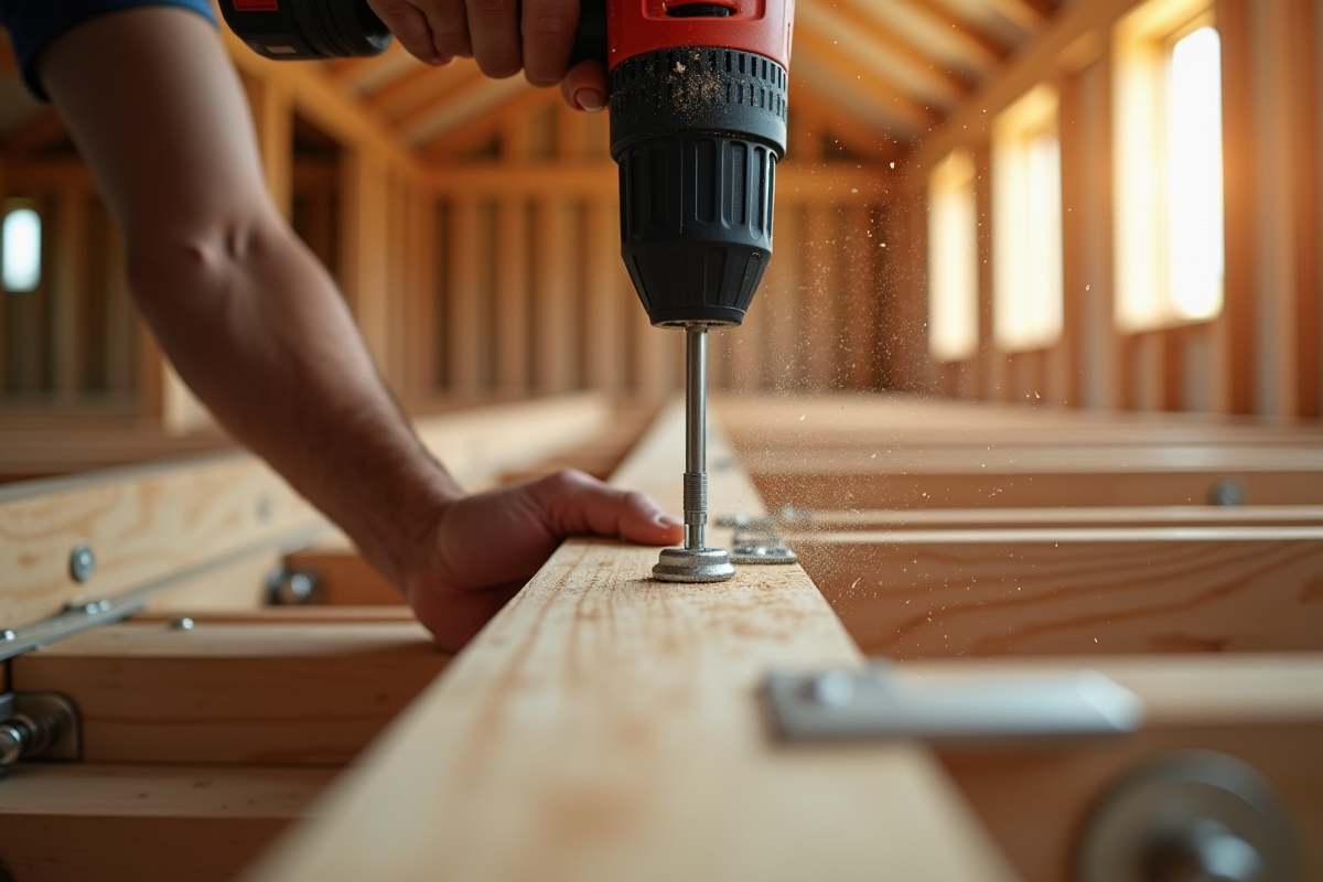 Mains utilisant une perceuse pour fixer des supports metalliques sur une charpente en bois