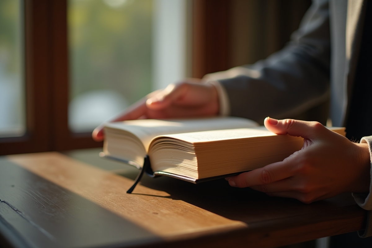 Gros plan d'une main posant un livre sur une étagère