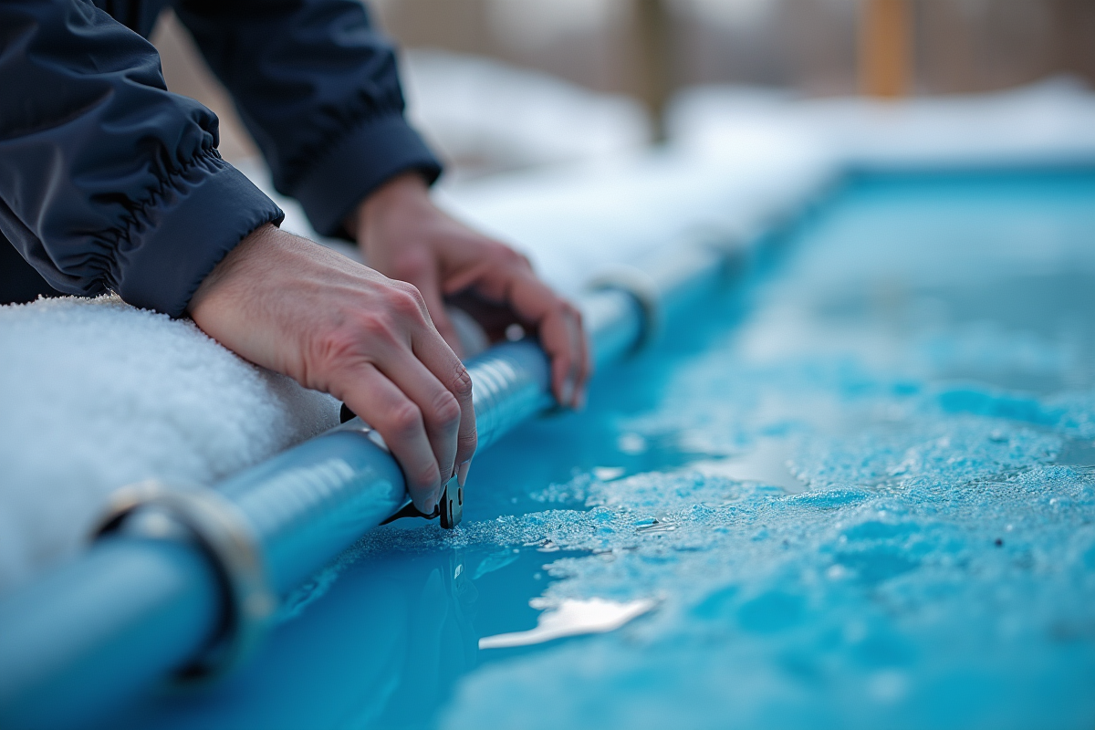 Mains fixant la couverture de piscine avec clips et straps