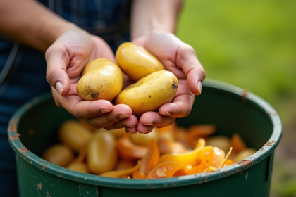 Mains tenant des peaux de pommes de terre fraîches au compost