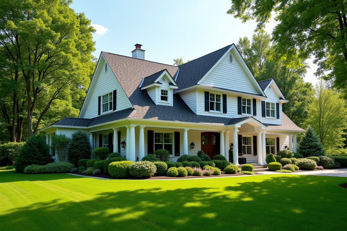 Maison classique avec toit en pente et jardin verdoyant
