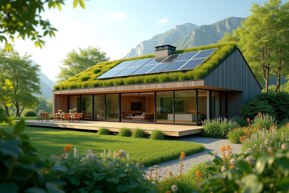 Maison écologique avec toit vert et panneaux solaires