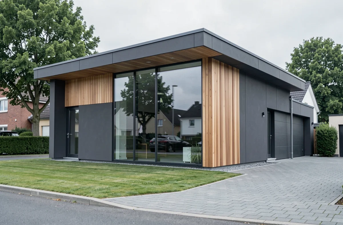 Maison individuelle moderne avec toit plat, grandes baies vitrées et bardage bois en zone pavillonnaire résidentielle calme