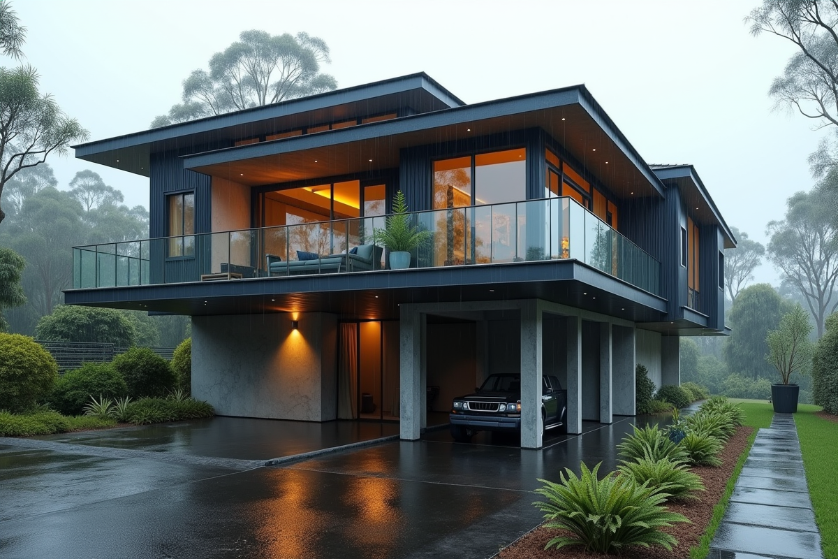Maison moderne sur pilotis après pluie en Australie