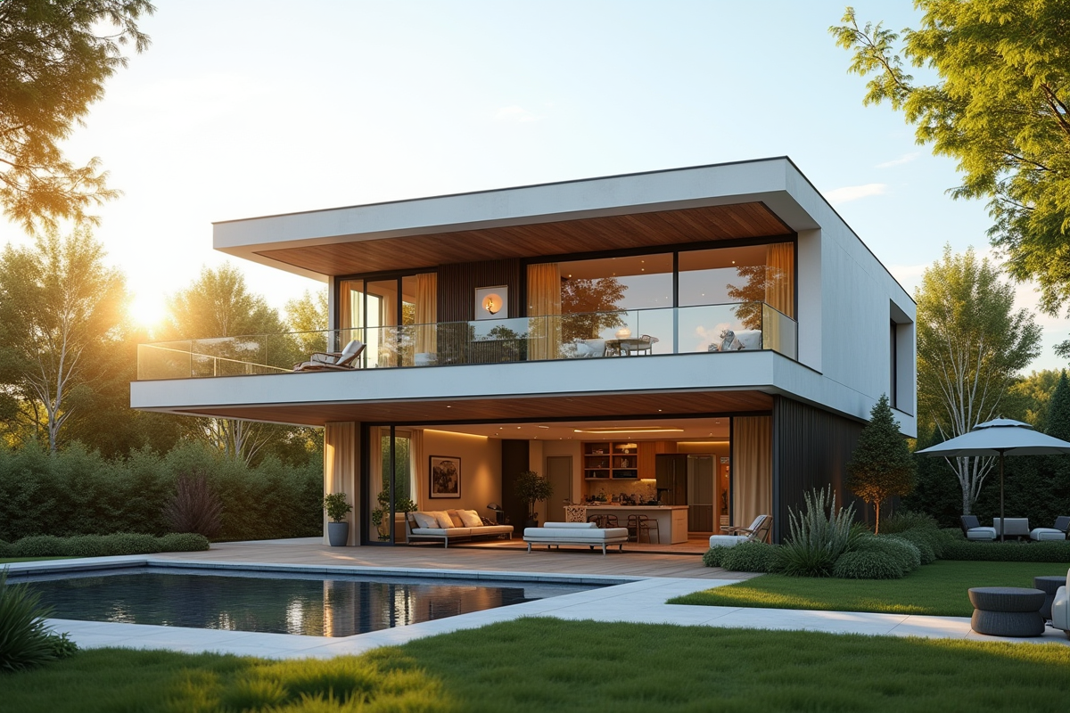 Maison moderne avec toit plat et grandes fenêtres