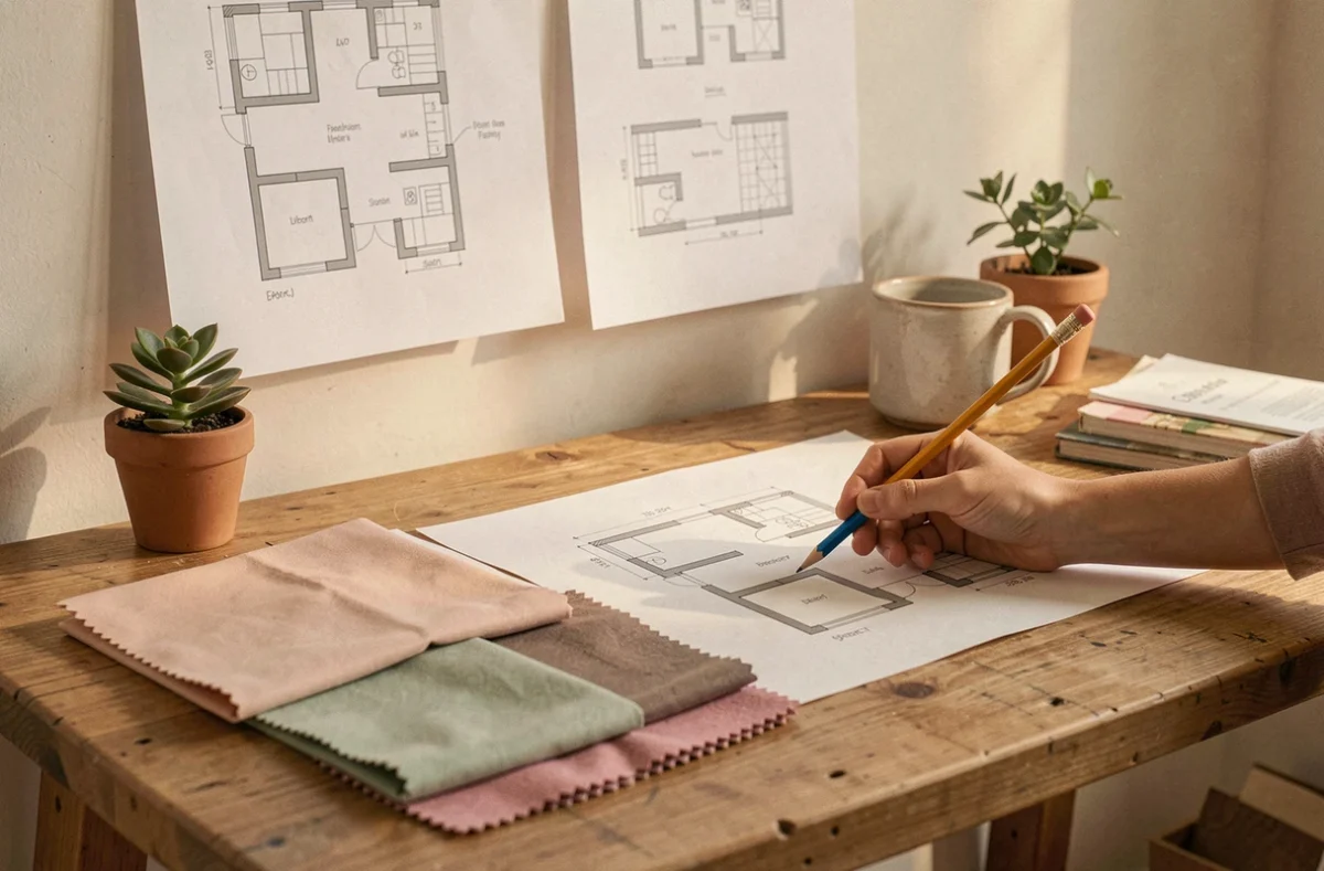 Bureau de designer avec croquis et échantillons de tissu illustrant le style délicat et personnel de Marion Lanoë décoratrice