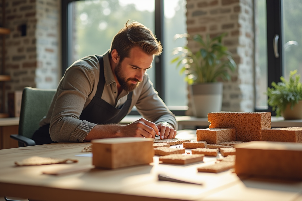 Architecte examinant des materiaux ecofriendly sur un bureau lumineux