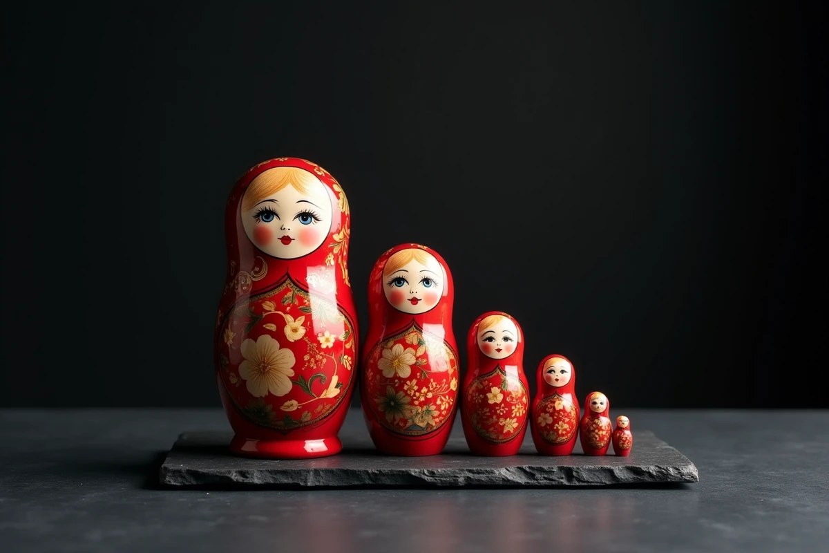 Poupée Matriochka ouverte révélant six poupées gigognes imbriquées disposées en arc sur une surface en ardoise sombre, détail des décorations peintes en rouge et or