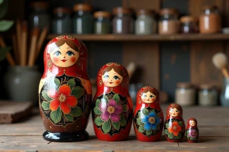 Ensemble de cinq poupées Matriochka russes peintes à la main, disposées par ordre décroissant sur une table en chêne dans un atelier artisanal traditionnel