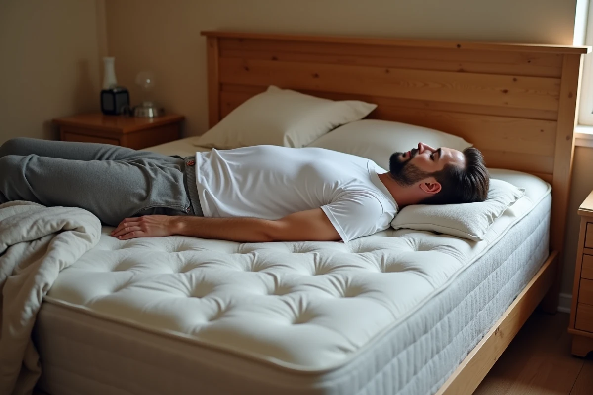Homme allongé sur un matelas Duvivier avec une mauvaise posture dorsale illustrant les erreurs d'utilisation courantes affectant le confort