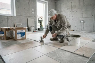 Carreleur professionnel posant du carrelage dans une maison en rénovation dans le Val-d'Oise