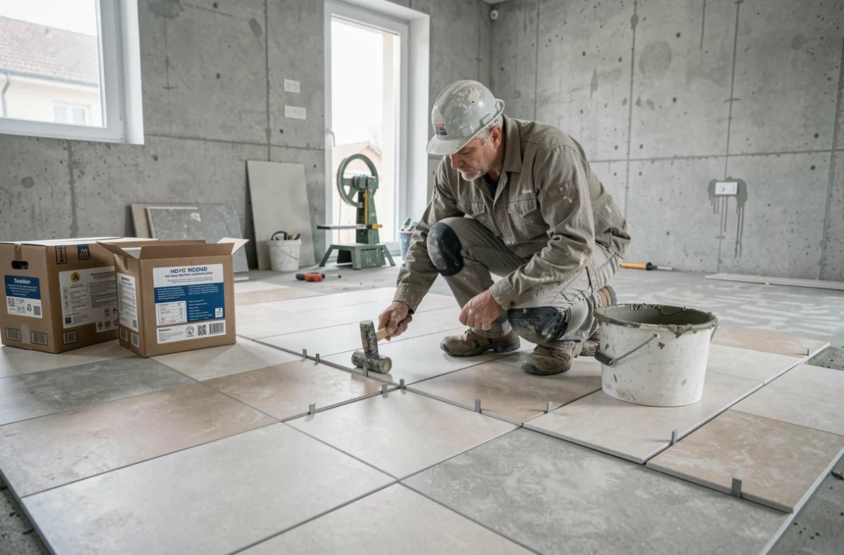 Carreleur professionnel posant du carrelage dans une maison en rénovation dans le Val-d'Oise