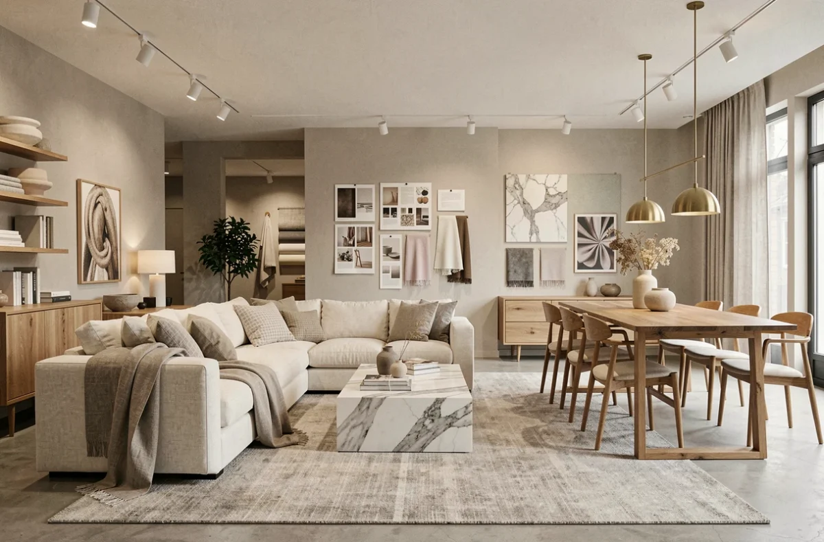 Vue d'ensemble d'un intérieur moderne et élégant représentant le thème des meilleurs décorateurs d'intérieur du Rhône