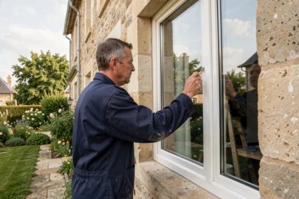 Poseur de fenêtres professionnel mesurant un cadre de fenêtre à double vitrage sur une maison en tuffeau typique du Maine-et-Loire