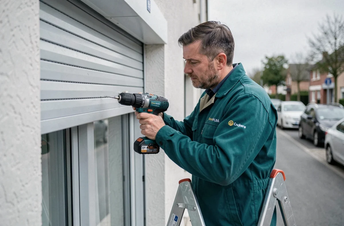 Installateur de Sarl Melody De La Fermeture posant un volet roulant motorisé sur une fenêtre PVC d'un immeuble résidentiel à Angers