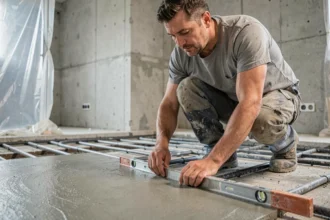 Ouvrier mesurant l'épaisseur de chape sur un plancher chauffant en cours de rénovation
