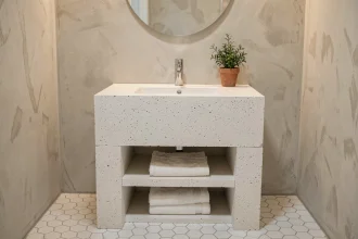 Meuble salle de bain sur mesure en béton cellulaire avec vasque intégrée dans une petite salle d'eau moderne