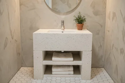 Meuble salle de bain sur mesure en béton cellulaire avec vasque intégrée dans une petite salle d'eau moderne