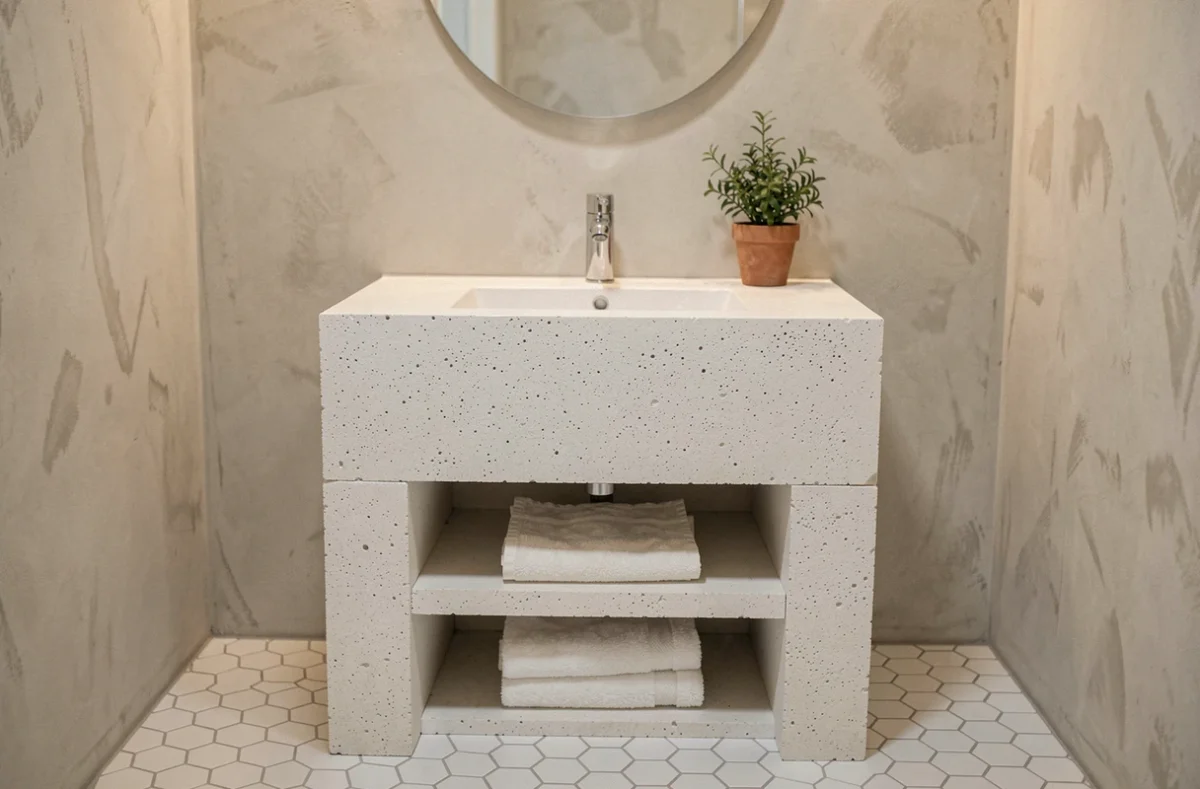 Meuble salle de bain sur mesure en béton cellulaire avec vasque intégrée dans une petite salle d'eau moderne