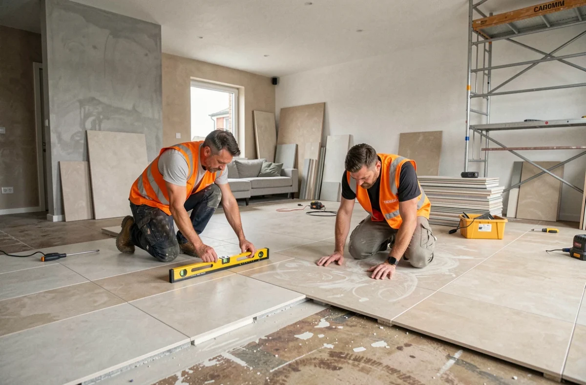 Équipe de MODERNISANT en train d'installer du carrelage dans un salon en rénovation à Cergy