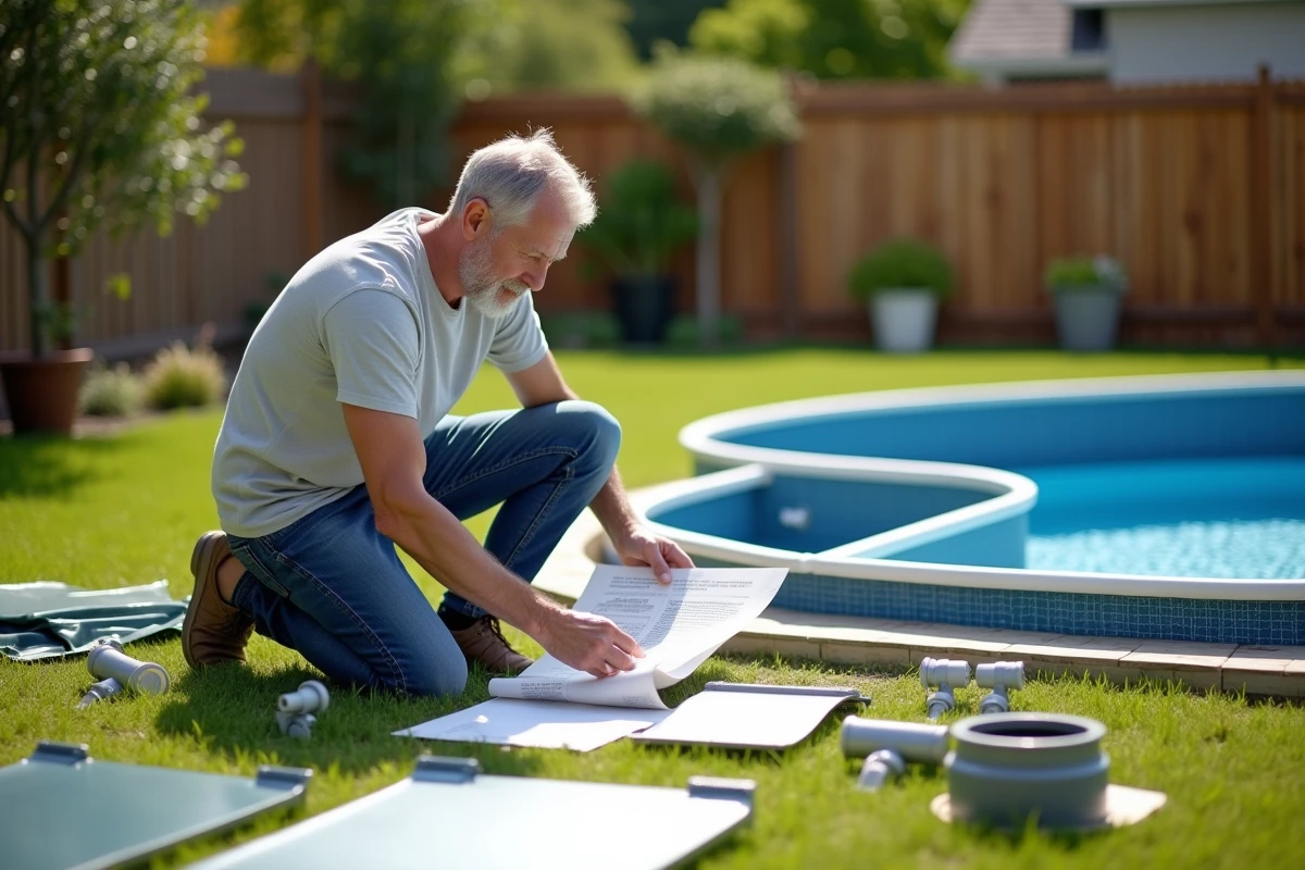 Homme assemblant lui-même un kit de piscine hors-sol dans son jardin avec les instructions de montage