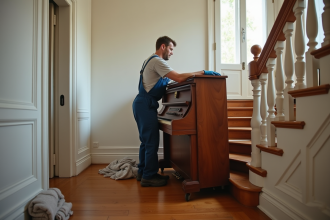 Homme en travail manipulant un piano droit dans un appartement parisien