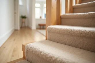 Détail d'une moquette en laine beige installée sur une marche d'escalier en bois dans un couloir moderne