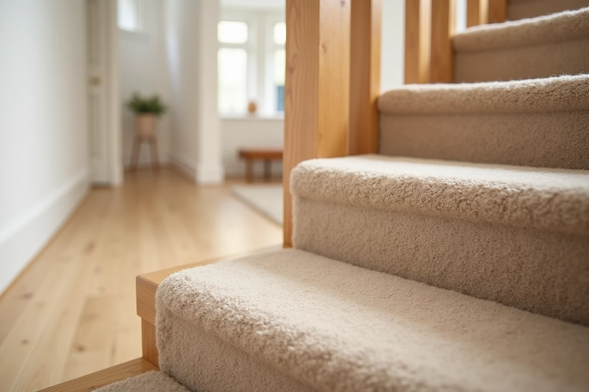 Détail d'une moquette en laine beige installée sur une marche d'escalier en bois dans un couloir moderne