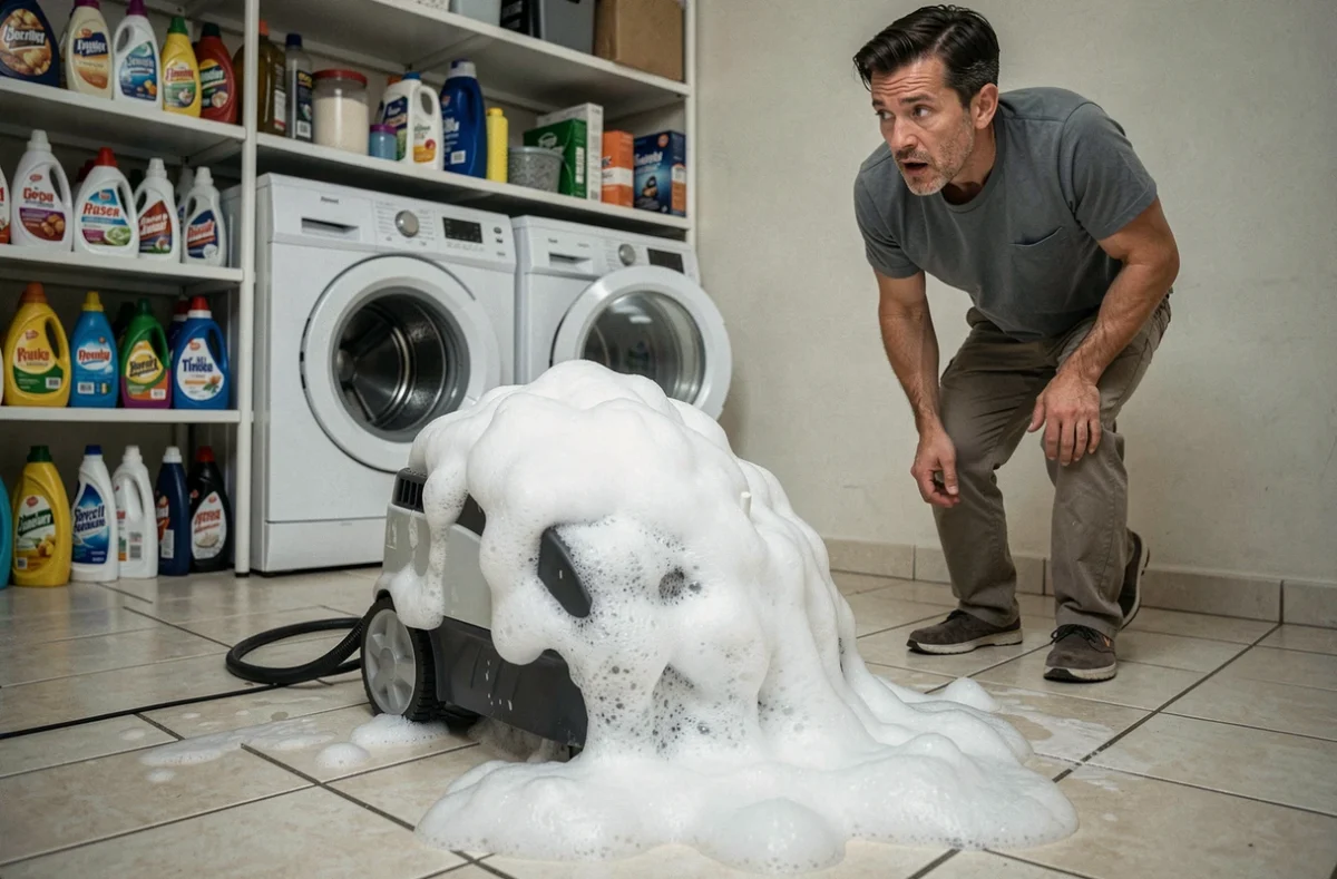 Homme surpris face à une shampouineuse débordant de mousse suite à l'utilisation de lessive, illustrant les risques d'un mauvais produit nettoyant