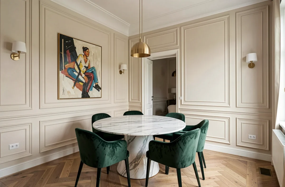 Salle à manger contemporaine et luxueuse avec boiseries sur mesure et table en marbre signée MSIH décoration