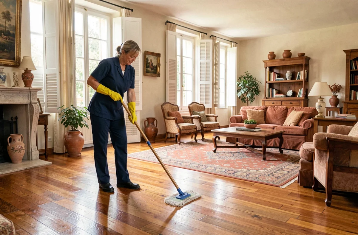 Femme de ménage en uniforme nettoyant le parquet d'un salon de style provençal