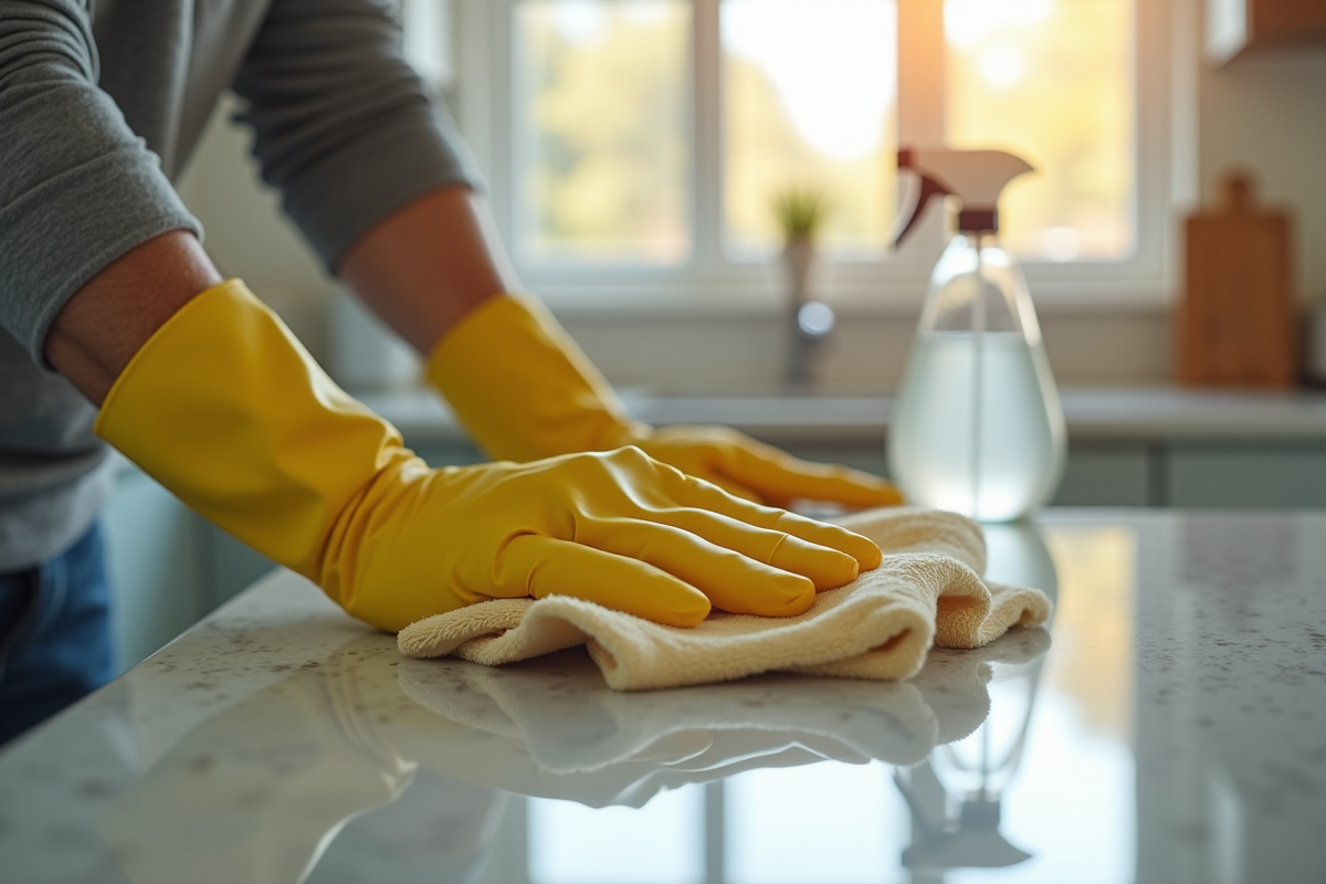 Mains gantées nettoyant un plan de travail brillant