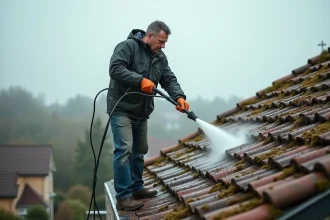 Homme en workwear nettoyant un toit en tuiles avec un jet d'eau