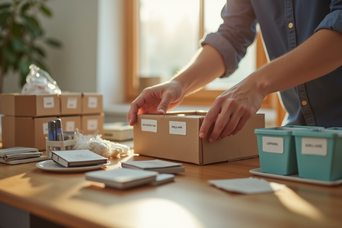 Mains plaçant des boîtes de rangement étiquetées sur une table en bois