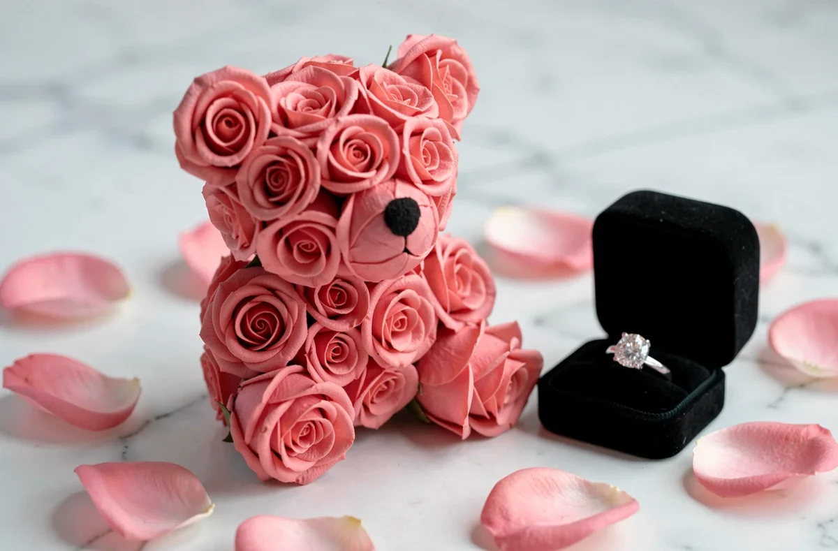 Gros plan d'un ourson en roses roses et d'une bague de fiançailles sur marbre blanc pour une demande en mariage
