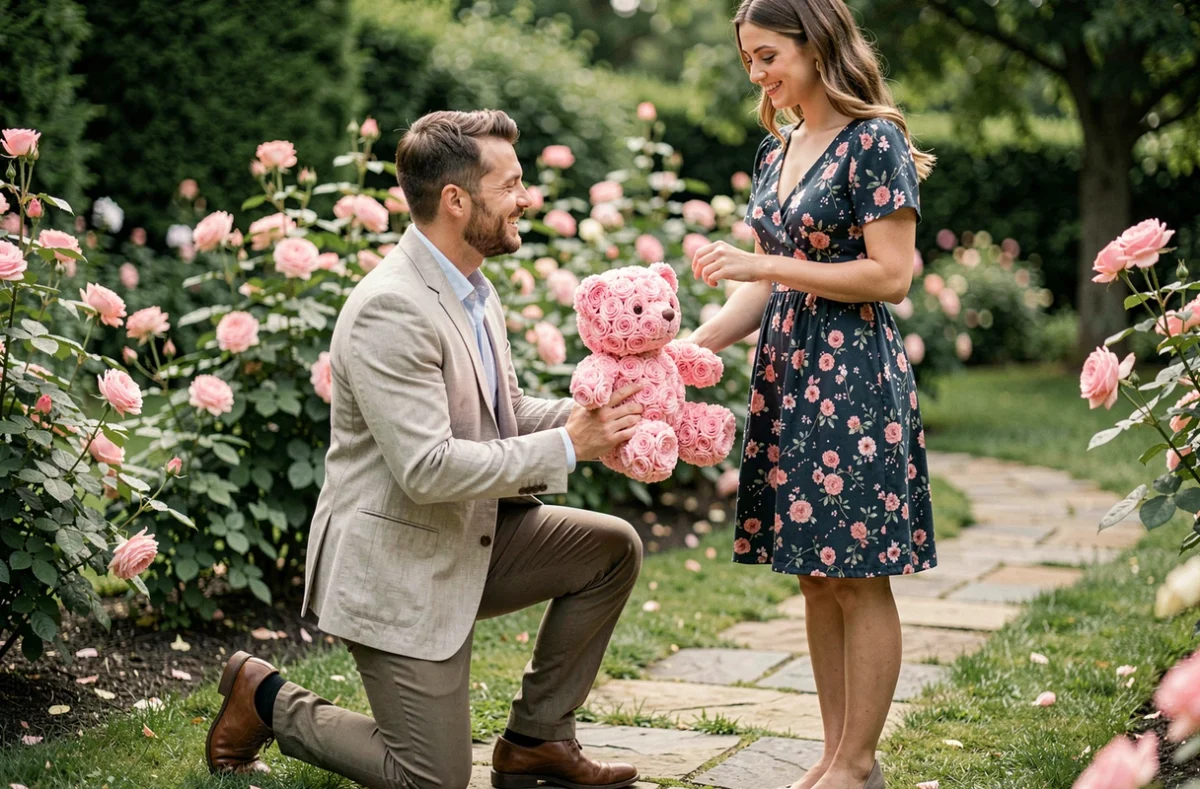 Homme à genoux offrant un ourson en roses roses pour une demande en mariage dans un jardin fleuri