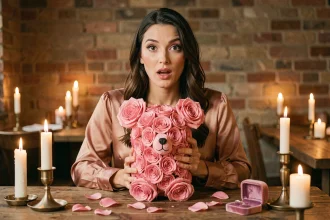 Femme tenant un ourson en roses roses lors d'une demande en mariage dans un restaurant romantique