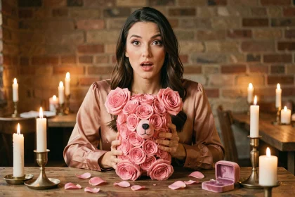 Femme tenant un ourson en roses roses lors d'une demande en mariage dans un restaurant romantique