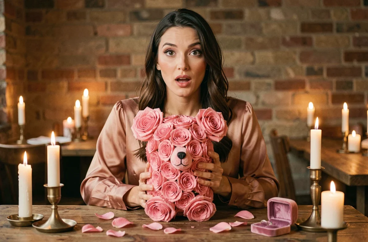 Femme tenant un ourson en roses roses lors d'une demande en mariage dans un restaurant romantique