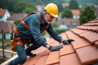 Couvreur middleaged posant des tuiles sur un toit en construction