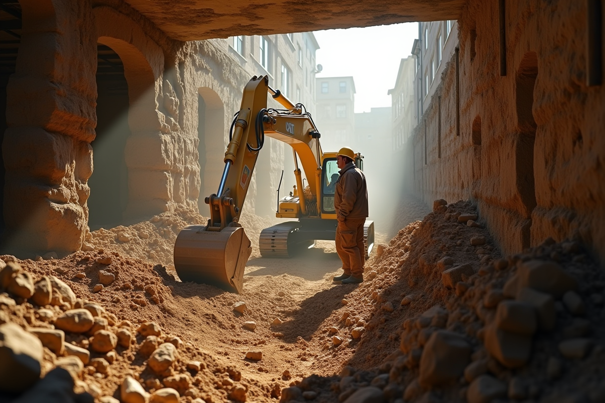 Ouvrier avec excavatrice dans un sous-sol en construction