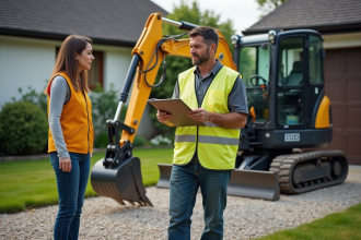 Homme en vestiaire jaune avec miniexcavator sur chantier