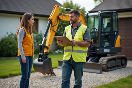 Homme en vestiaire jaune avec miniexcavator sur chantier