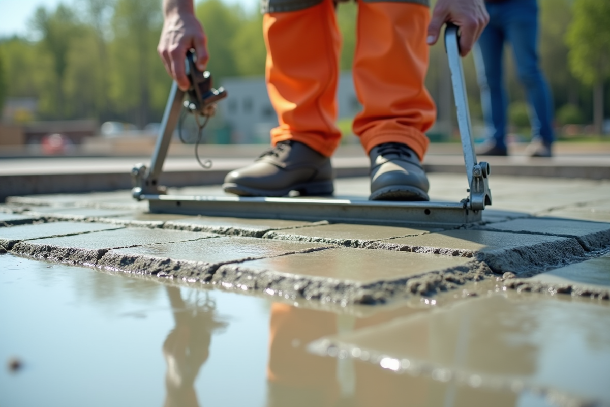 Ouvrier nivelant du beton frais avec une règle métallique en plein jour