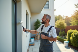 Ouvrier en overalls peignant la façade d'une maison moderne